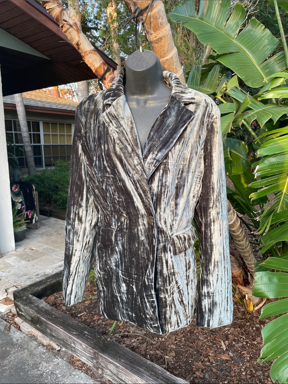 Sage, green silvery crushed velvet double breasted jacket